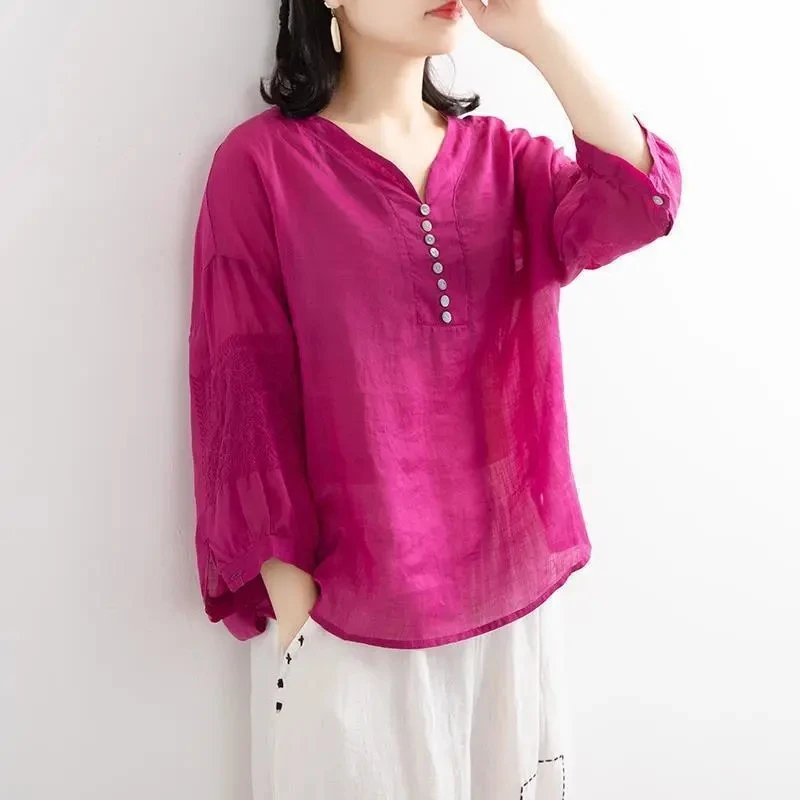 Purple Solid Casual V-Neck Cotton Lightweight Three Quarter Sleeve Women\'s Blouse Shirt Korean Fashion Female Clothing Tops 2024