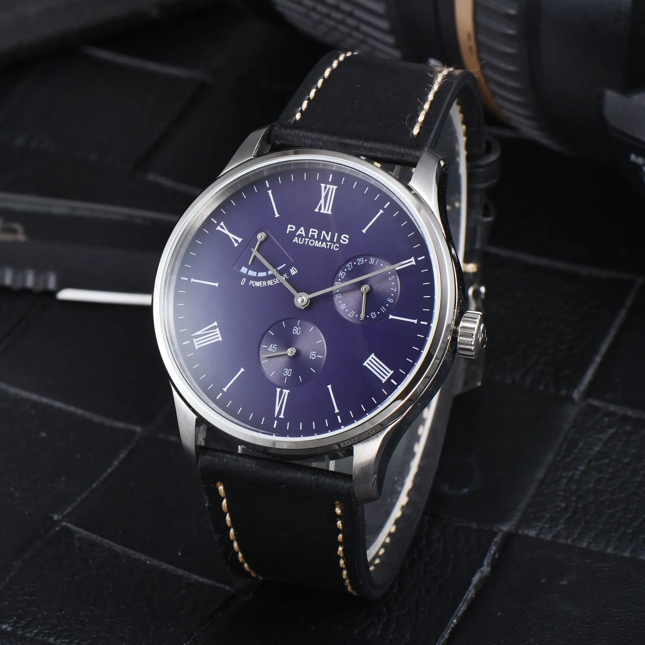 موضة بارنيس 41.5 مللي متر الأسود الهاتفي التلقائي الرجال الساعات التقويم حزام من الجلد ساعة ميكانيكية للرجال reloj hombre 2025 ساعة