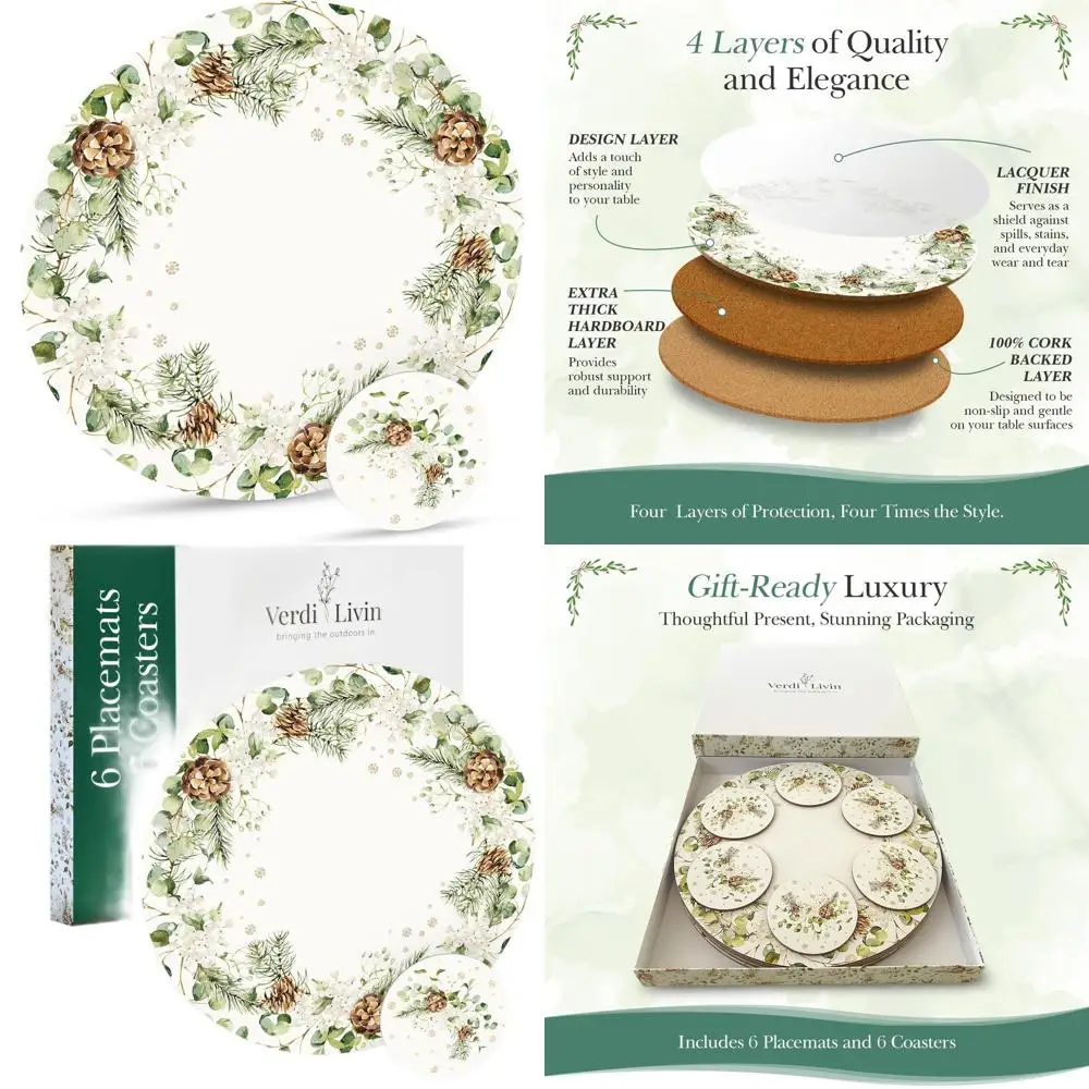 

Set of 6 Wreath White Cork Placemats, Heat Resistant, 16x12, Wipe Clean, Backed for Dining