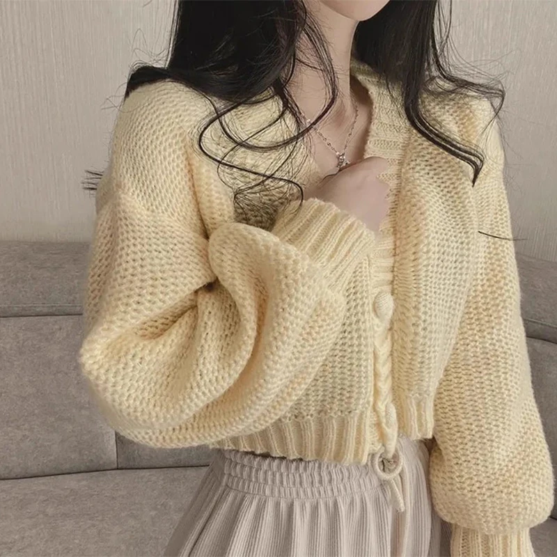 

Chic V-Ne Long Sve Knitted Sweater Coat Hollow out Design Versatile Autumn Winter Outerwear for Women Korean Sle