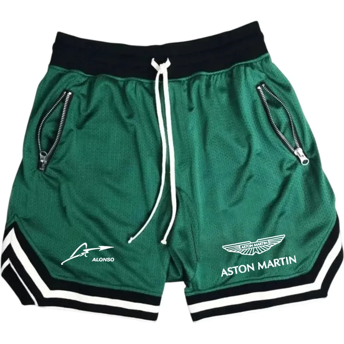 Men's Aston Martin Alonso Printed Mesh Basketball Shorts Breathable Elastic Waist Drawstring Sport Shorts with Zipper Pockets fo