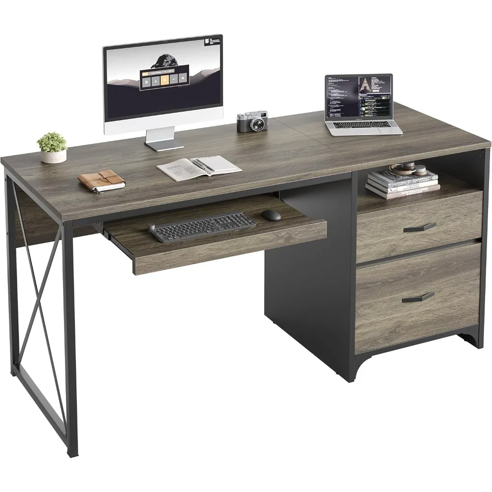 Office Desk with Drawers, 55 inch Industrial Computer Desk with Storage, Wood Teacher Desk with Keyboard Tray