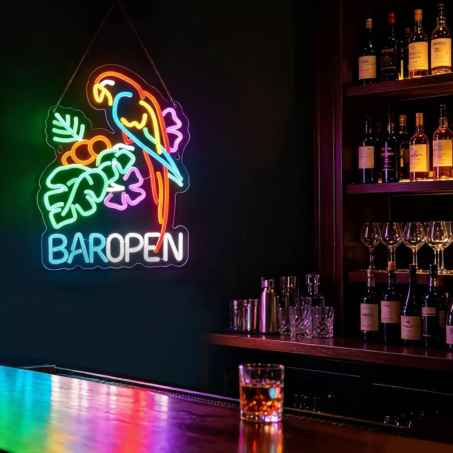 Parrot Tropical Leaves Bar Open LED Neon Sign USB Neon Light,Christmas Bar Wall Decor Lamp, Beach Home Pub Party Decoration Gift