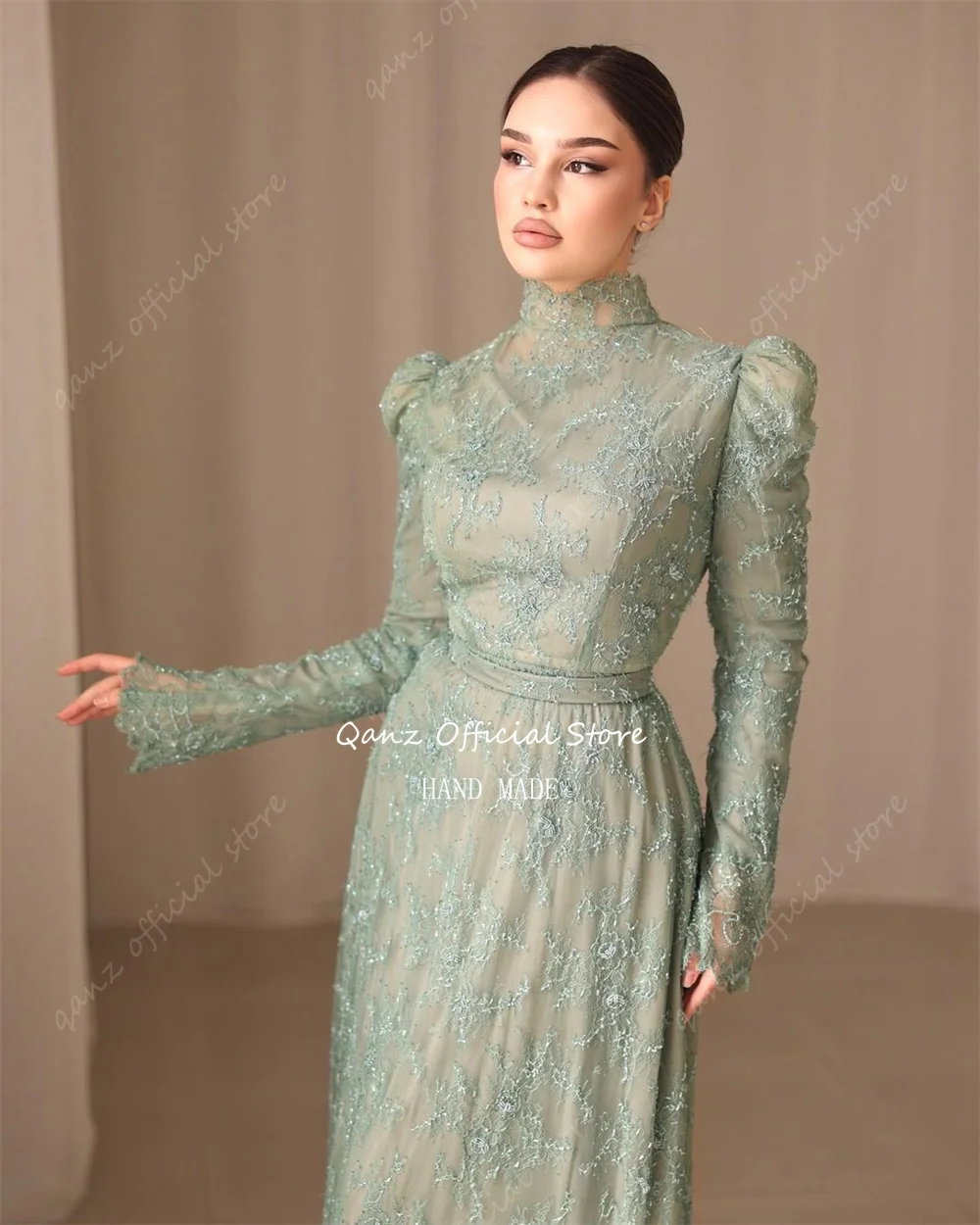 Qanz Sage Green Lace Evening Dresses Appliques Long Sleeves Formal Occasion Dresses Vestidos Para Eventos Especiales Customized