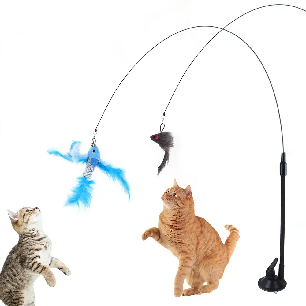 Juguete interactivo de simulación de pájaro para gato, varita de juguete con ventosa, pluma con campana, palo para gatito, suministros para gato