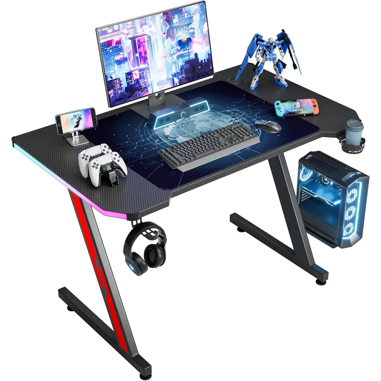 Gaming Computer Desk with Carbon Fiber Surface, Gaming Table Z Shaped PC Home Office with Cup Holder&Headphone Hook(47 in)