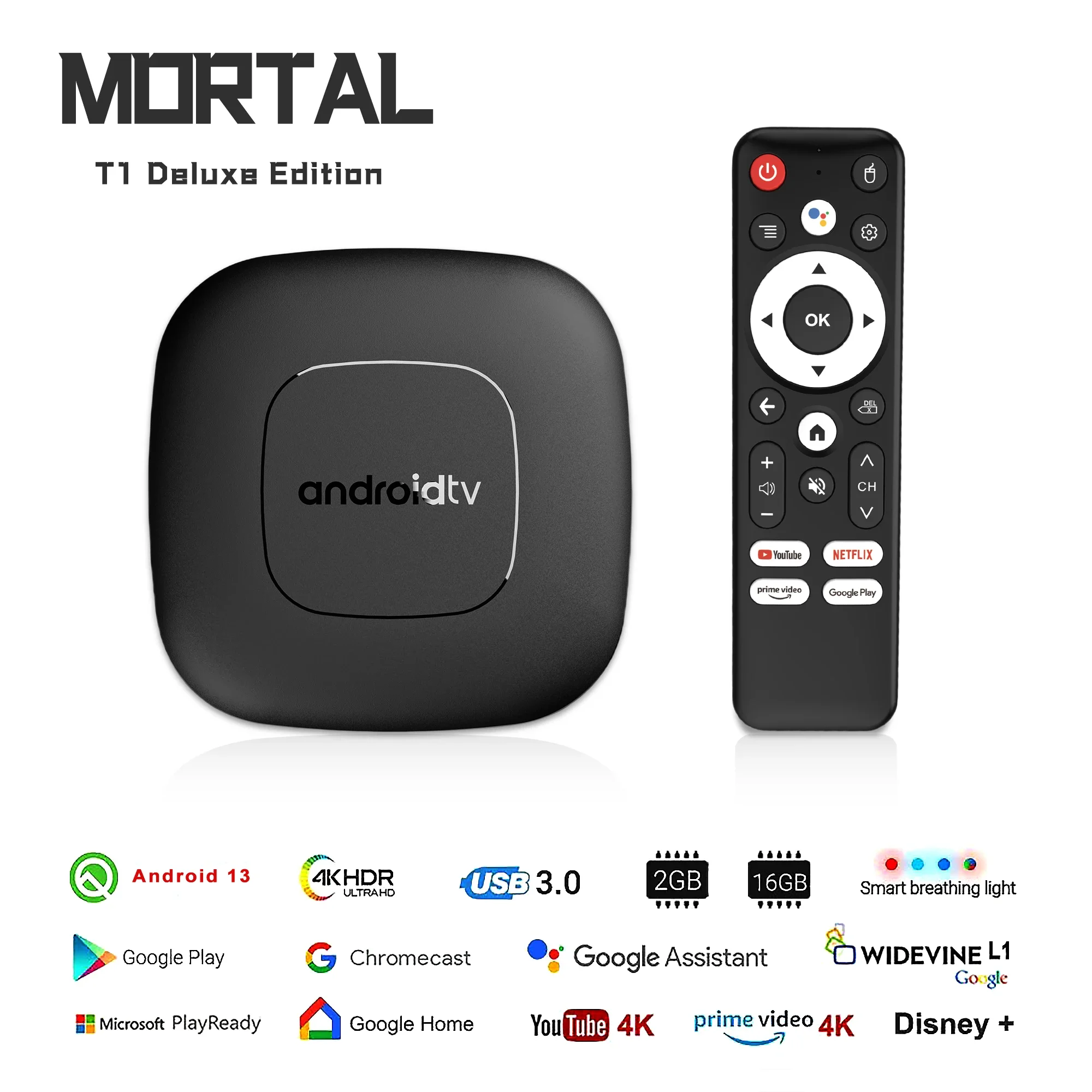 Mortal T1 Smart TV Box Home Theater Bluetooth Google Assistant Android 13 Allwinner H313 2.4G&5G Wifi HDR10 Netflix Media Player