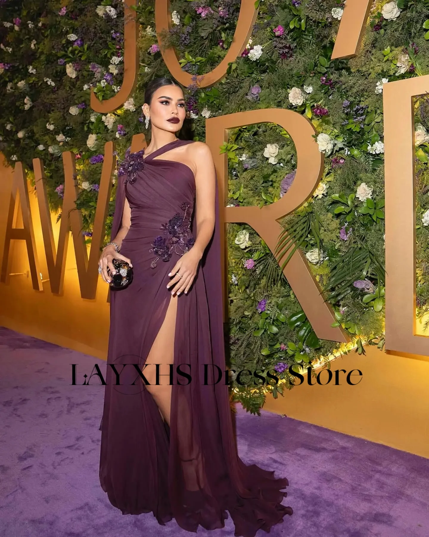 LAYXHS Mode Frauen Abendkleider Lila One-Shoulder-Meerjungfrau Seitenschlitz 3D-Blume Formelle Anlässe Partykleider فساتутМة