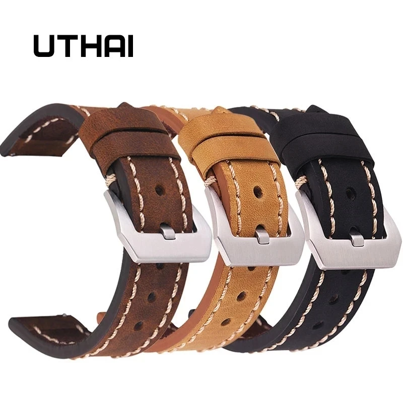 UTHAI Frosted Vintage Cowhide Leather Watch Strap 20mm 22mm 24mm men\'s watch bracelet For Large Dial Smart Watch Watchband