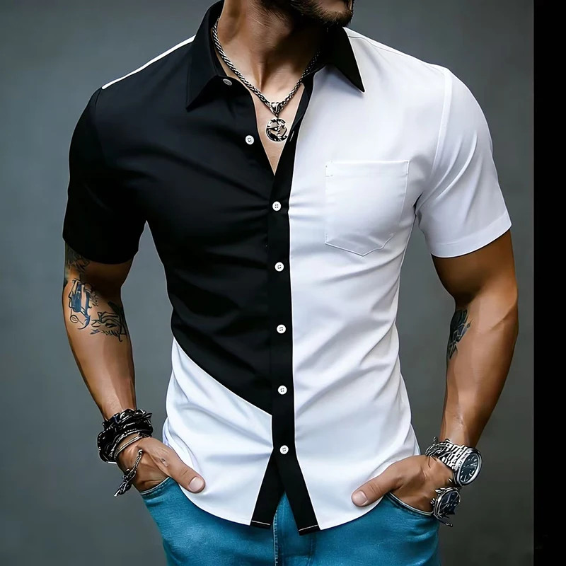 Patchwork Color Work Shirts for Man Short Sleeve Camisas Streetwear 2026 New Vintage Western Social Business Menswear Clothing