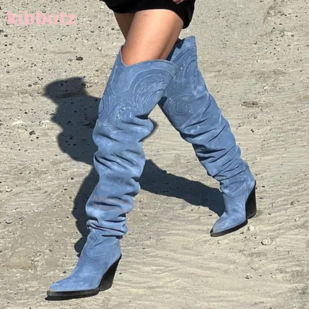 

Blue Embroidery Boots Over The Knee Suede Pointed Toe Square Heel Slip-On Cowboy Fashion Runway Show Sexy Concise Women Shoe New