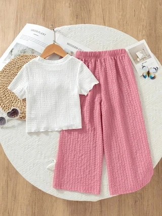 Girls Summer 2-Piece Outfit, 3D Floral Short Sleeve T-Shirt + Pink Bow Wide Leg Pants, Kids Bubble Fabric Casual Set