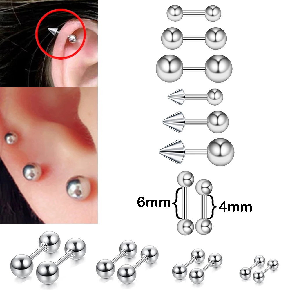 2/10Pcs/Pack.,Stainless Steel Stud Earring,Ball & Cone Screws Earrings,Ear Cartilage Bone Nail Piercing Body Jewelry,Pole Length