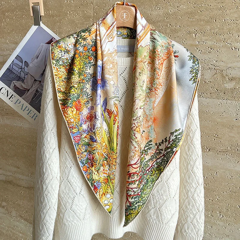

100% Real Silk Scarf Shawl Womens Spring Square Elegant Silk Scarves Wraps 88x88CM