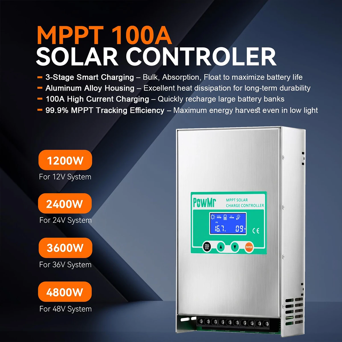 PowMr 100A MPPT Solar Charge Controller Max 4800W PV Input Power 12/24/36/48V Solar Battery Regulator PV 37-150V DC Compatible Gel Flooded LiFePO4 Battery LCD Timer Control Full Protection For US Home Off-Grid Cabin Camper Solar Power System