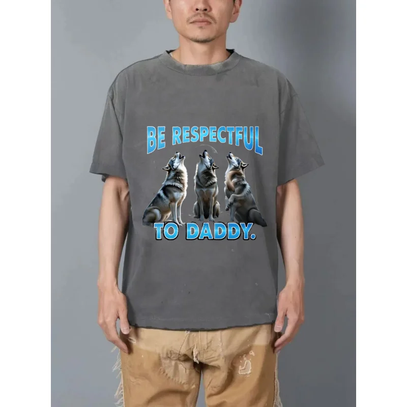 تي شيرت رجالي مغسول ذئاب سوداء عواء يكون احترامًا إلى الأب نمط مطبوع ونص جودة عالية 100% قطن 230 جرام #3