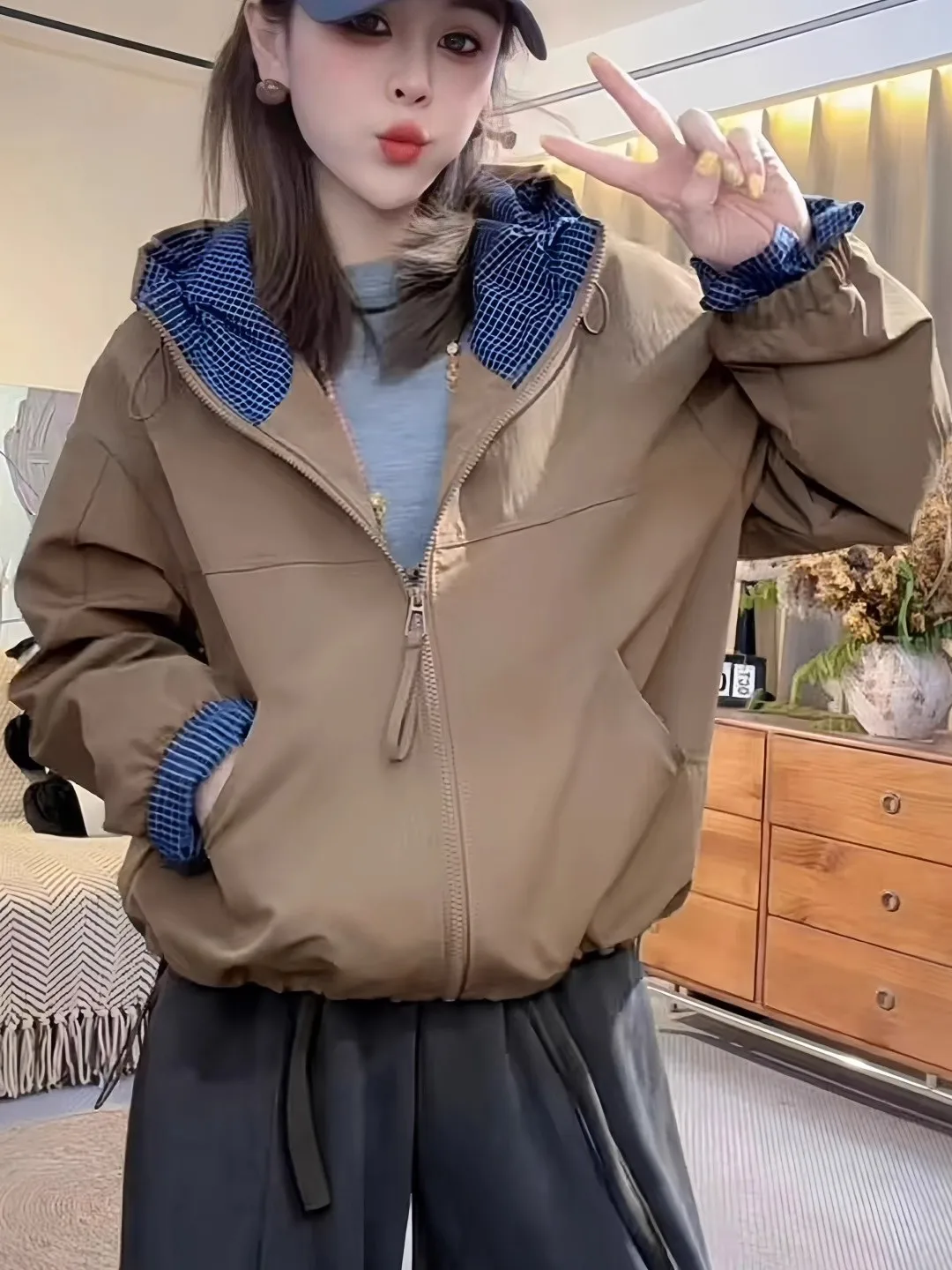 Korean Style Women's Jacket Hooded Coat Casual Match All Seasons Drawstring Color Block Top Windproof Long Sleeve Zipper