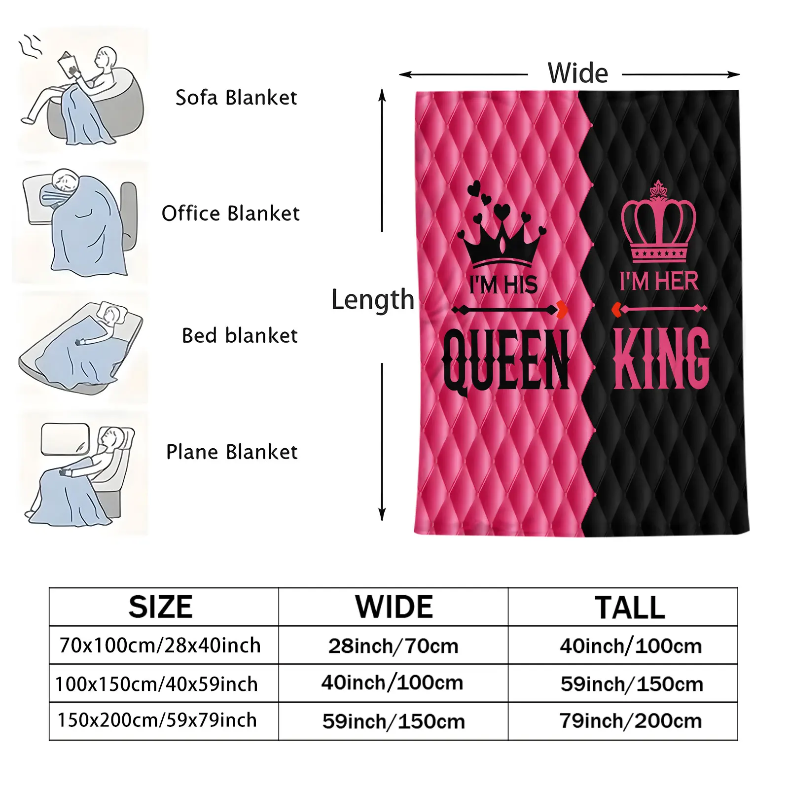 الملك الملكة زوجين الفانيلا بطانية رومانسية تاج القلب طباعة بطانية متعددة الوظائف المنزل التخييم السفر هدية مثالية للعشاق