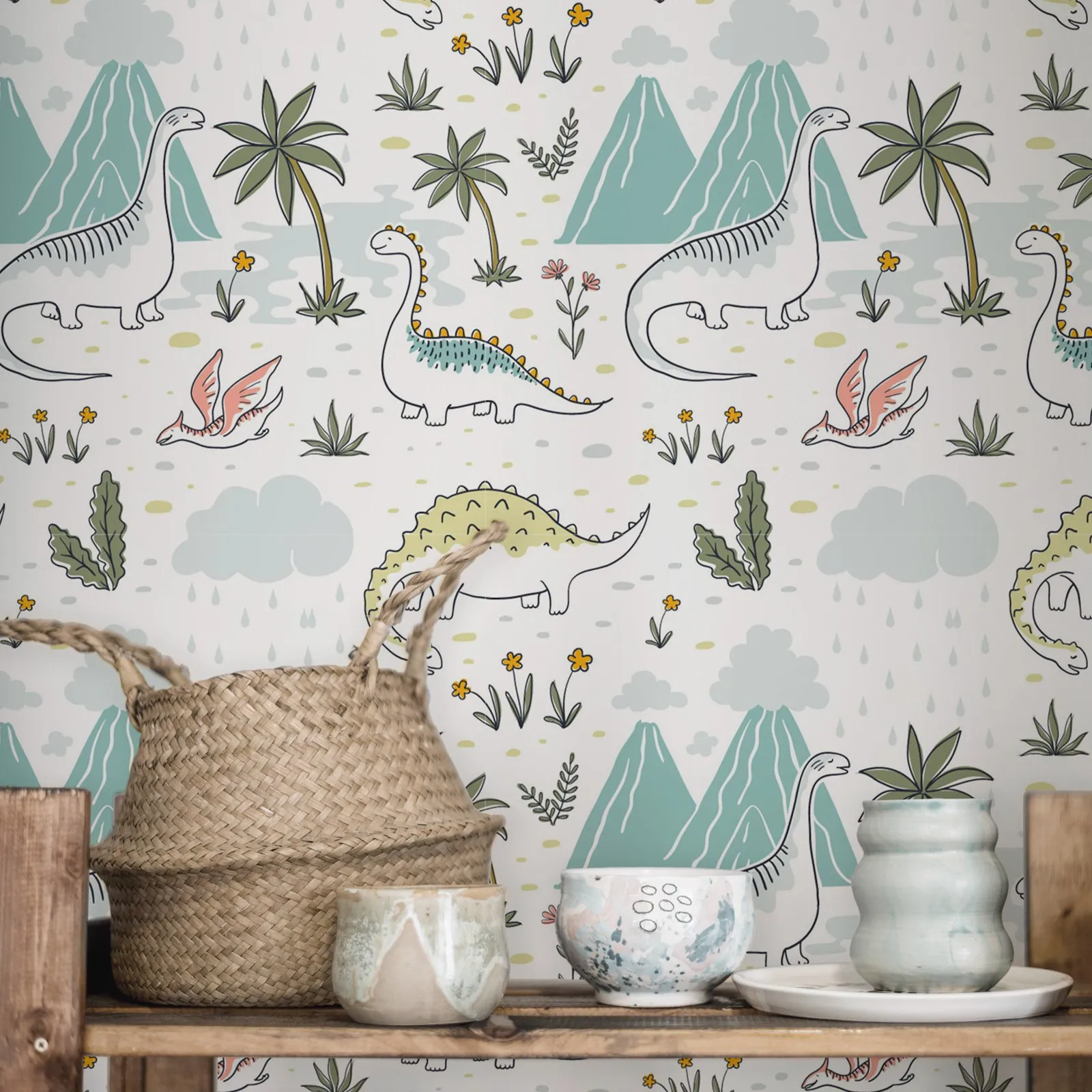 Vibrant Cartoon Dinosaurs /Mountains Peel and Stick Wallpaper,Kid-friendly Wall Paper Of Children's Room,Self-adhesive/Tradition
