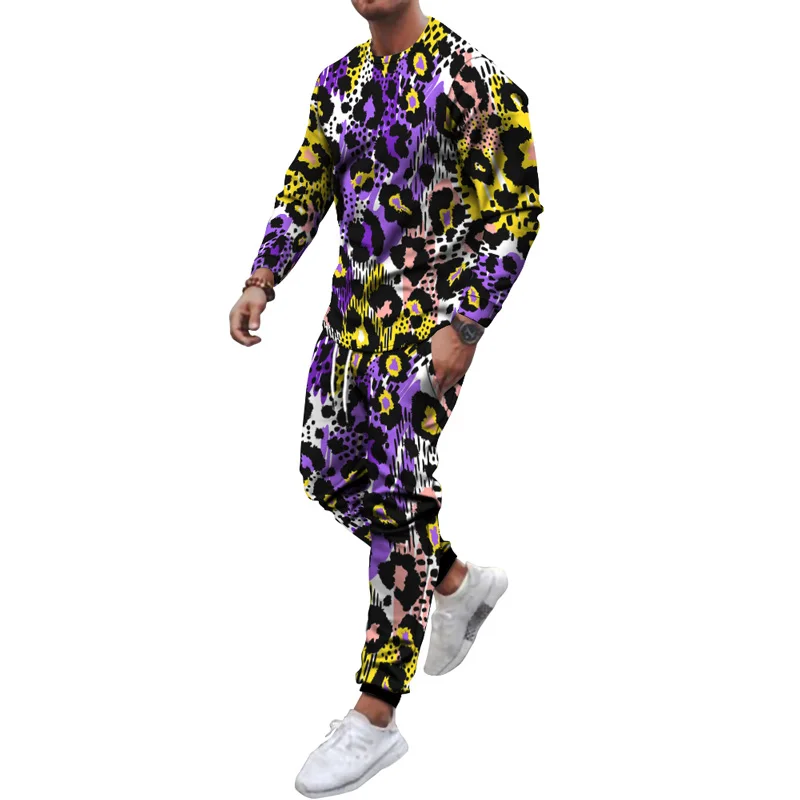Fashion Color Graffiti 3D Print Men\'s Sportswear Set Long-Sleeved T Shirt Pants 2-Piece Set Oversized Pullover Men Clothing