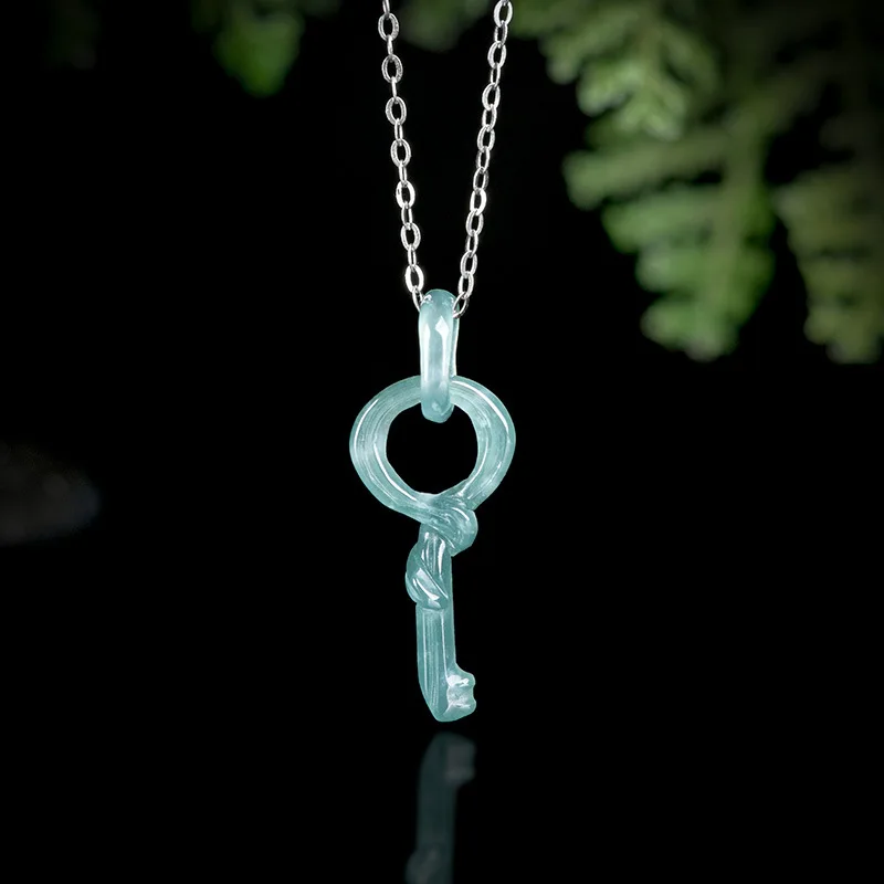 

Natural A Jadeite Blue Water Hollow Key Pendant S925 Silver Ice Jade Womens Necklace Gift