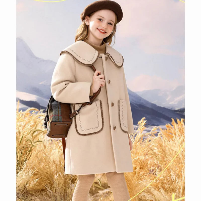 2024Girls' Autumn and Winter New Woolen Thick Quilted Trendy Preppy Style Mid-Length Woolen Coat