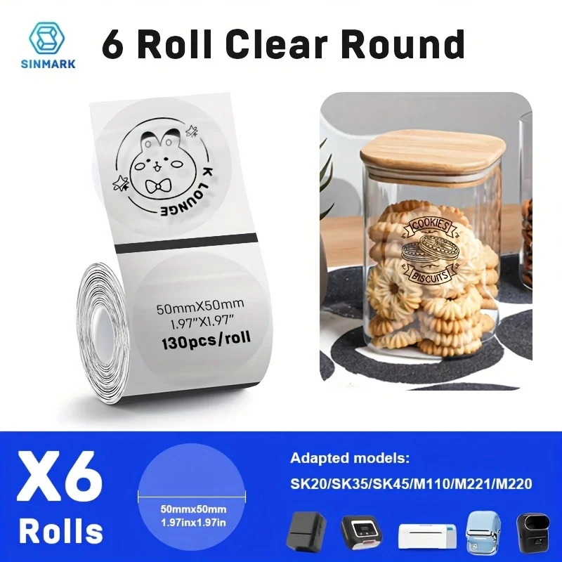 6 Rolls Clear Round Thermal Labels Compatible with SK20 SK35 SK45 M110 M200 P50 Label Printers, Transparent Sticker Tags