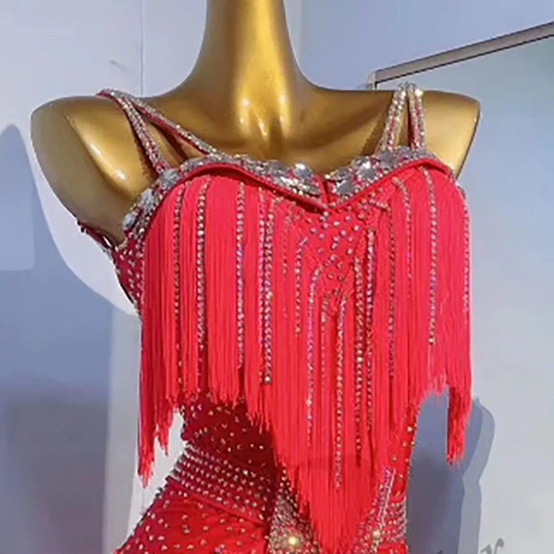 Jupe de concours de danse latine pour femmes et enfants, haut de gamme, personnalisée, grand pompon rouge, Rumba Tango, Performance, robe de piscine noire