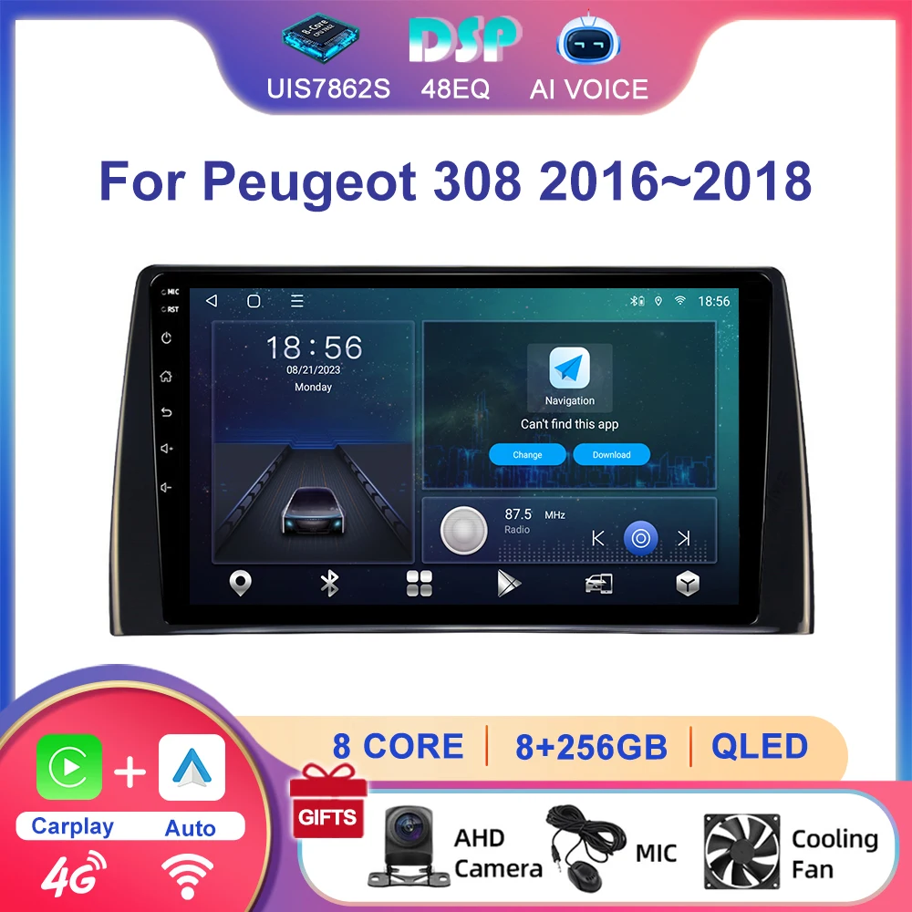 10' Android Car Multimedia Player GPS Navigation Stereo with Carplay BT RDS WiFi 4G Touch Screen Radio for Peugeot 308 2016-2018