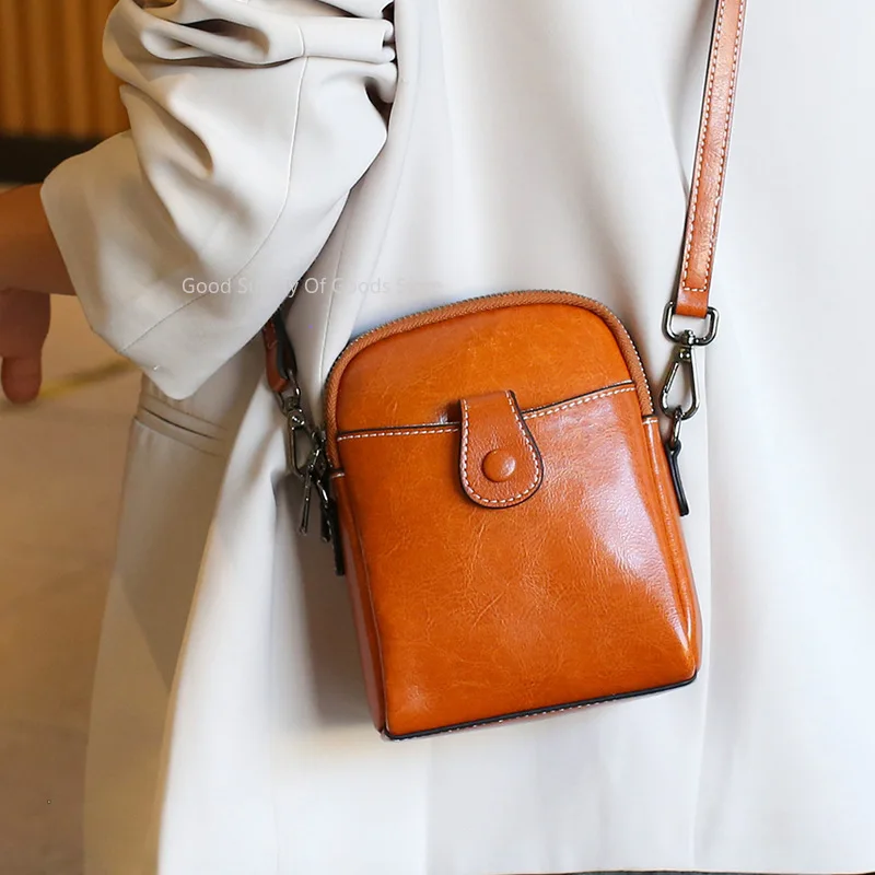 Женская маленькая сумка из воловьей кожи для мобильного телефона, однотонная женская сумка на одно плечо, сумка через плечо, мягкий масляный воск, кошелек из воловьей кожи