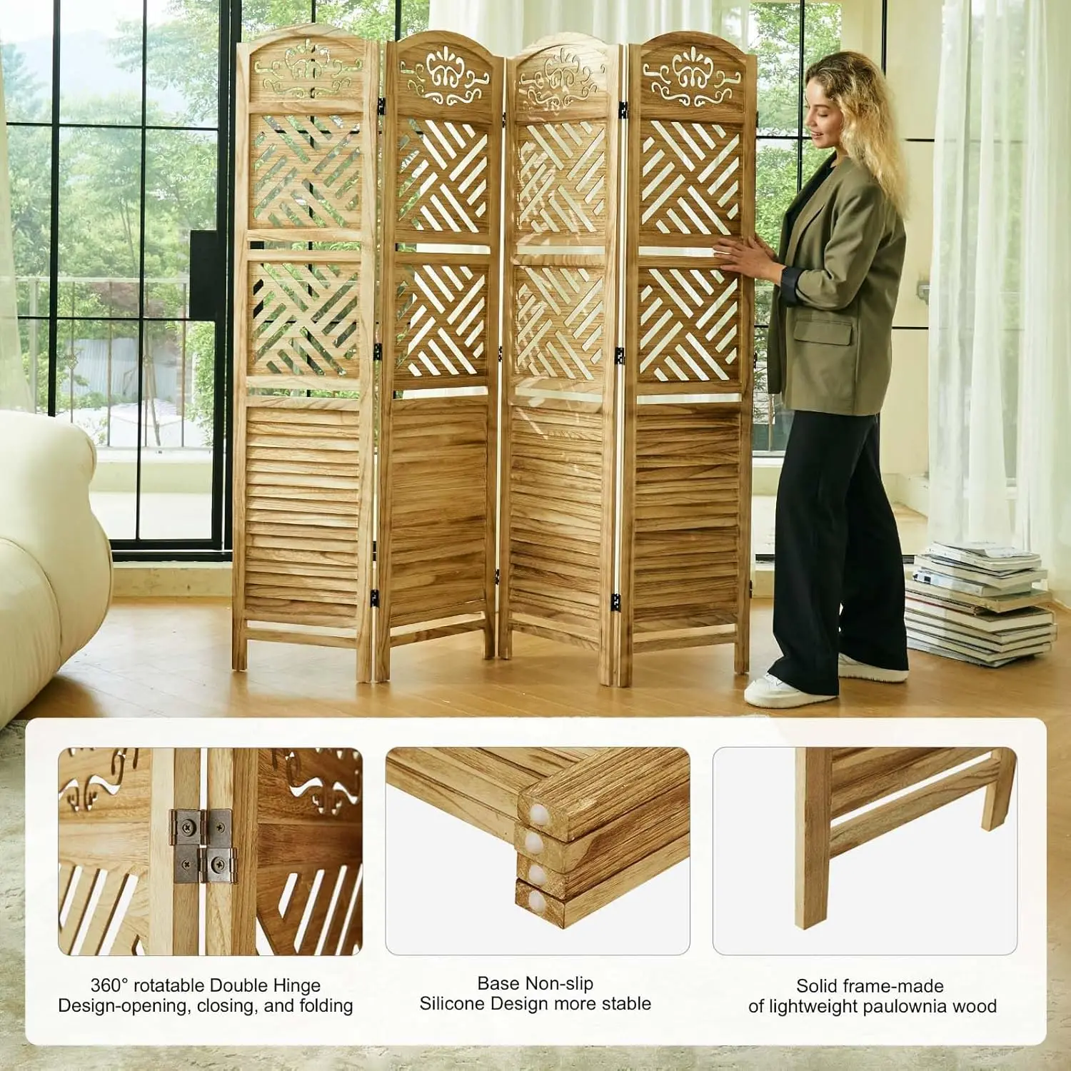 مقسم غرفة مع أرفف، مقسم حائط منحوت وخشب 68.9 بوصة قائم بذاته، 4 ألواح شاشة تقسيم قابلة للطي #2