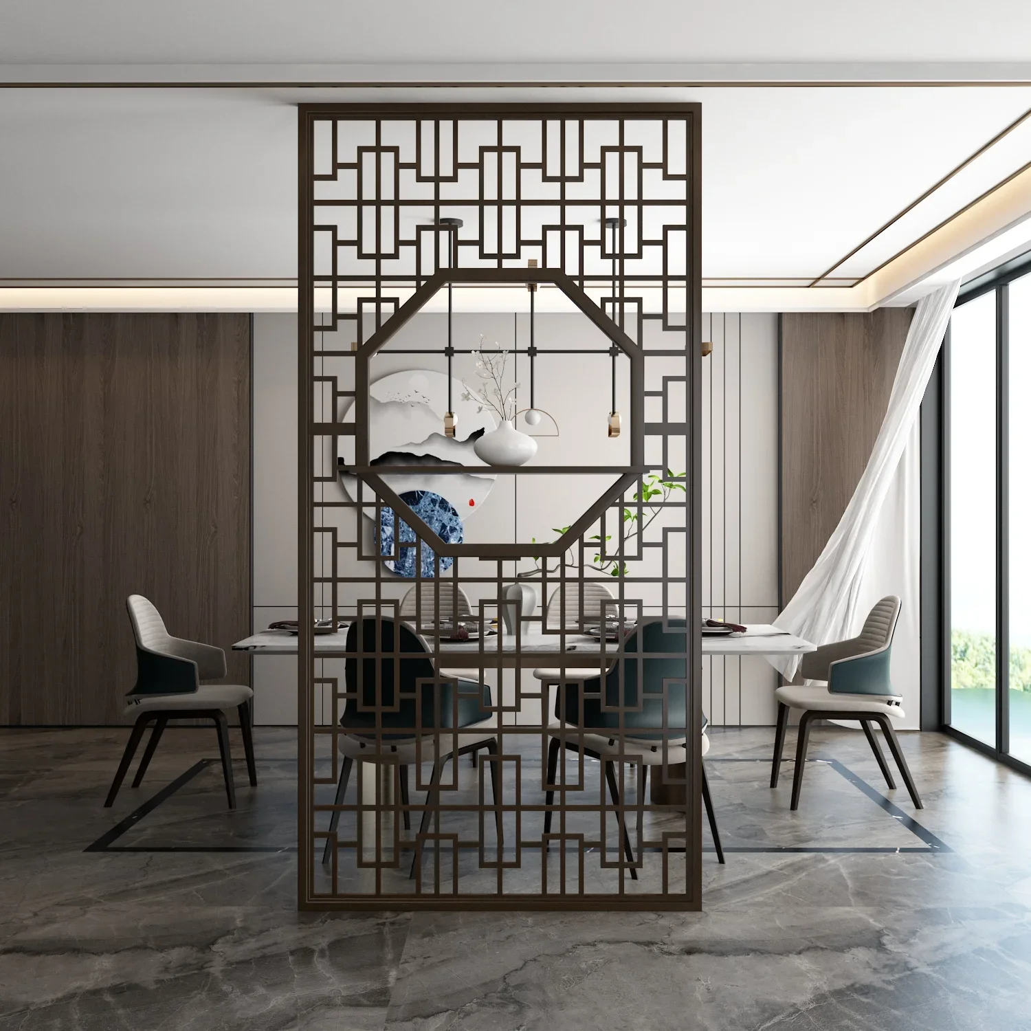 Entrance porch screen partition wall solid wood grille living room hotel storage tenon and mortise decoration block