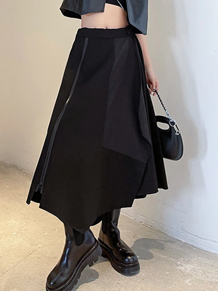 [EAM] High Elastic Waist Black Irregular Zipper Long Casual Half-body Skirt Women Fashion Tide New Spring Autumn 2025 1DF0332