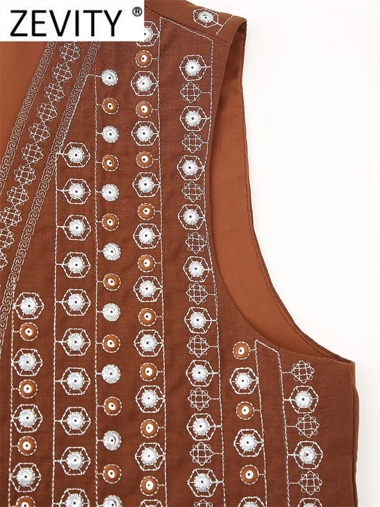 Zevity 2024 Women National Style Sequined Embroidery Open Stitch Short Vest Jacket Ladies Retro Cardigan WaistCoat Tops CT7150