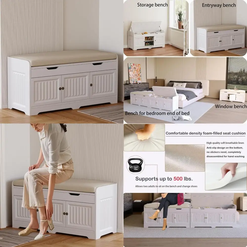 Storage Bench for Entryway with Cushioned Seat and Hidden Storage, Geometric Wavy Design for Bedroom