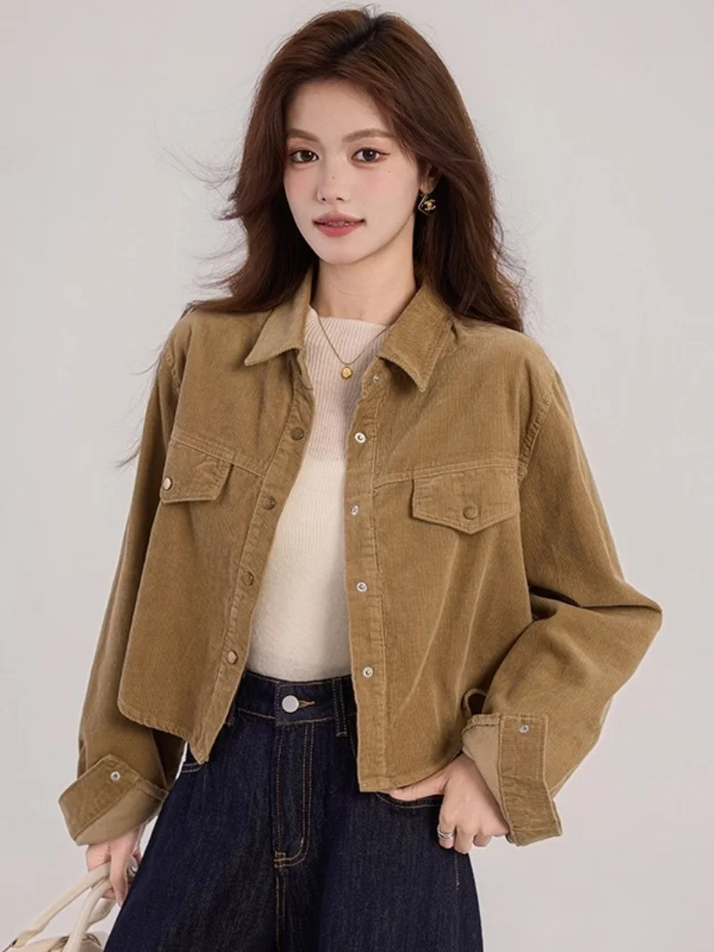 

Corduroy Shirt Short Jacket Women's Spring And Autumn Lapel Retro Single Breasted Cardigan Loose Long Sleeved Coat Top w1697