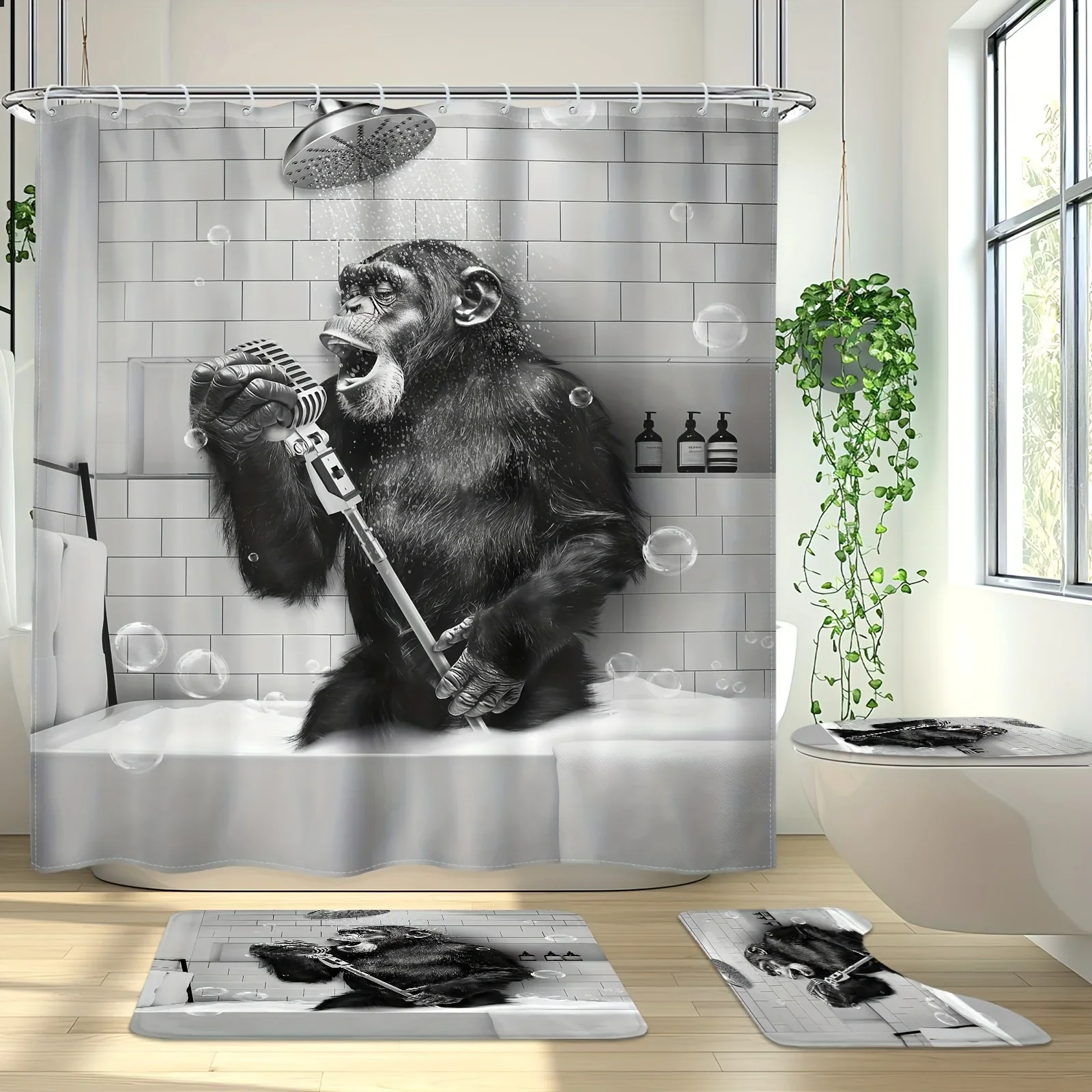 VIKAMA Vintage-Inspired Chimpanzee Singing Shower Curtain Waterproof Wet/Dry Separation Bathroom Divider Home Decor