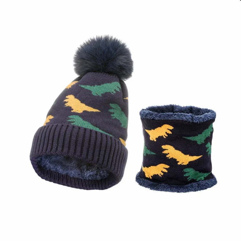 

Doitbest 2023 Winter Boys Girls Warm Beanies Fur Inside Scarf Hat Set Dinosaur Cartoon 2 Pcs Simple Baby Kids Scarves Hats