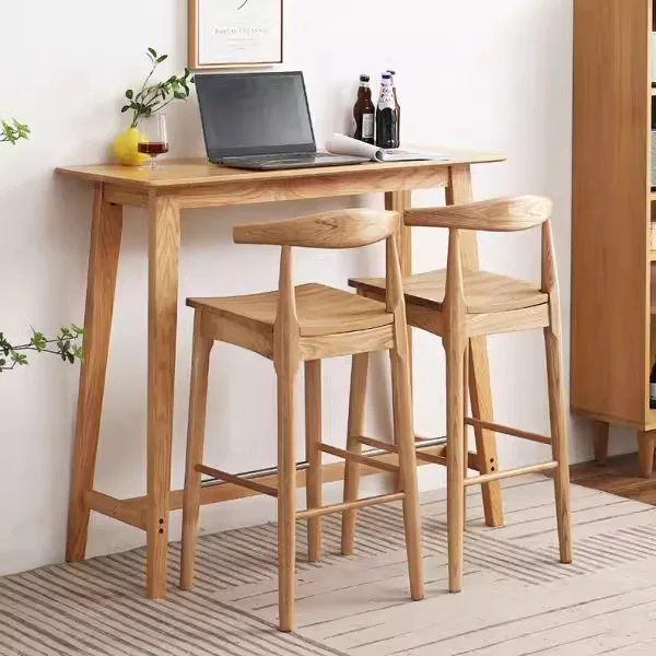 เก้าอี้บาร์ไม้เนื้อแข็งสไตล์นอร์ดิก พนักพิงรูปทรงแตร เก้าอี้บาร์เรียบง่ายสำหรับใช้ในบ้าน