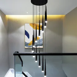Stair Chandelier Modern Duplex Apartment Building Living Room Pendant Lamps Nordic Restaurant Loft Black Long LED Hanging Lights