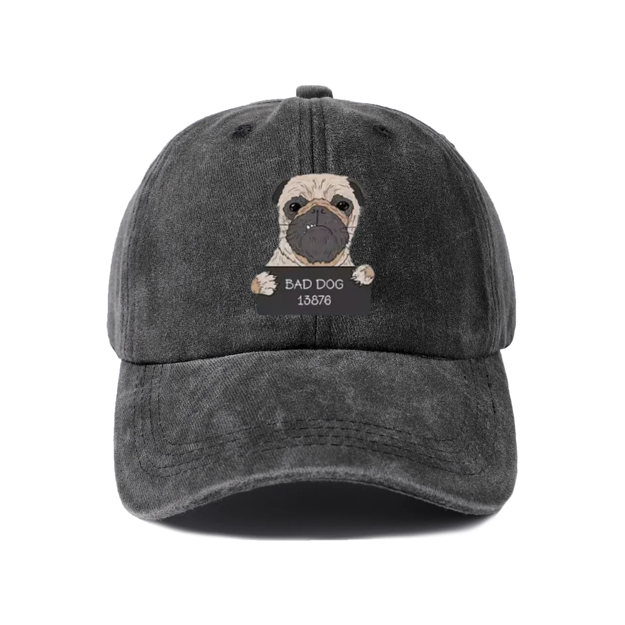 Bad Dog Pug Portrait Graphic Baseball Cap, Vintage Washed Adjustable Unisex Dad Hat, Streetwear Gift