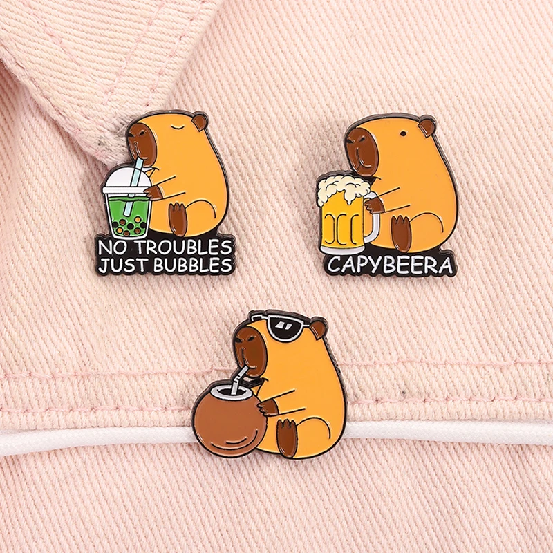 No hay problemas, solo burbujas, alfileres esmaltados, Kawaii, capibara, beber Boba, té, cerveza, broche de Animal, insignia de solapa, regalos de joyería para amigos