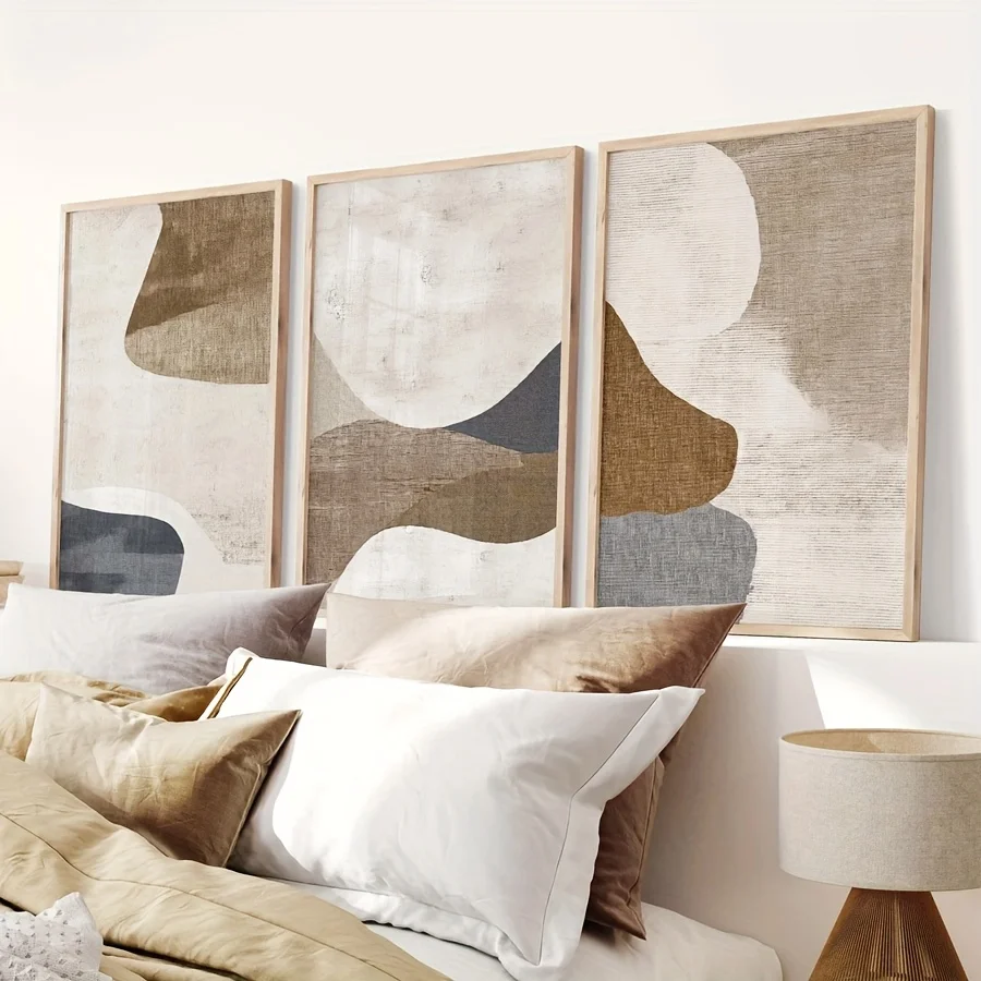 Frameless3pcs Blue & Beige Neutral Wall Art Set - Large Abstract Prints, Mid-Century Modern Decor, Minimalist Canvas Posters for