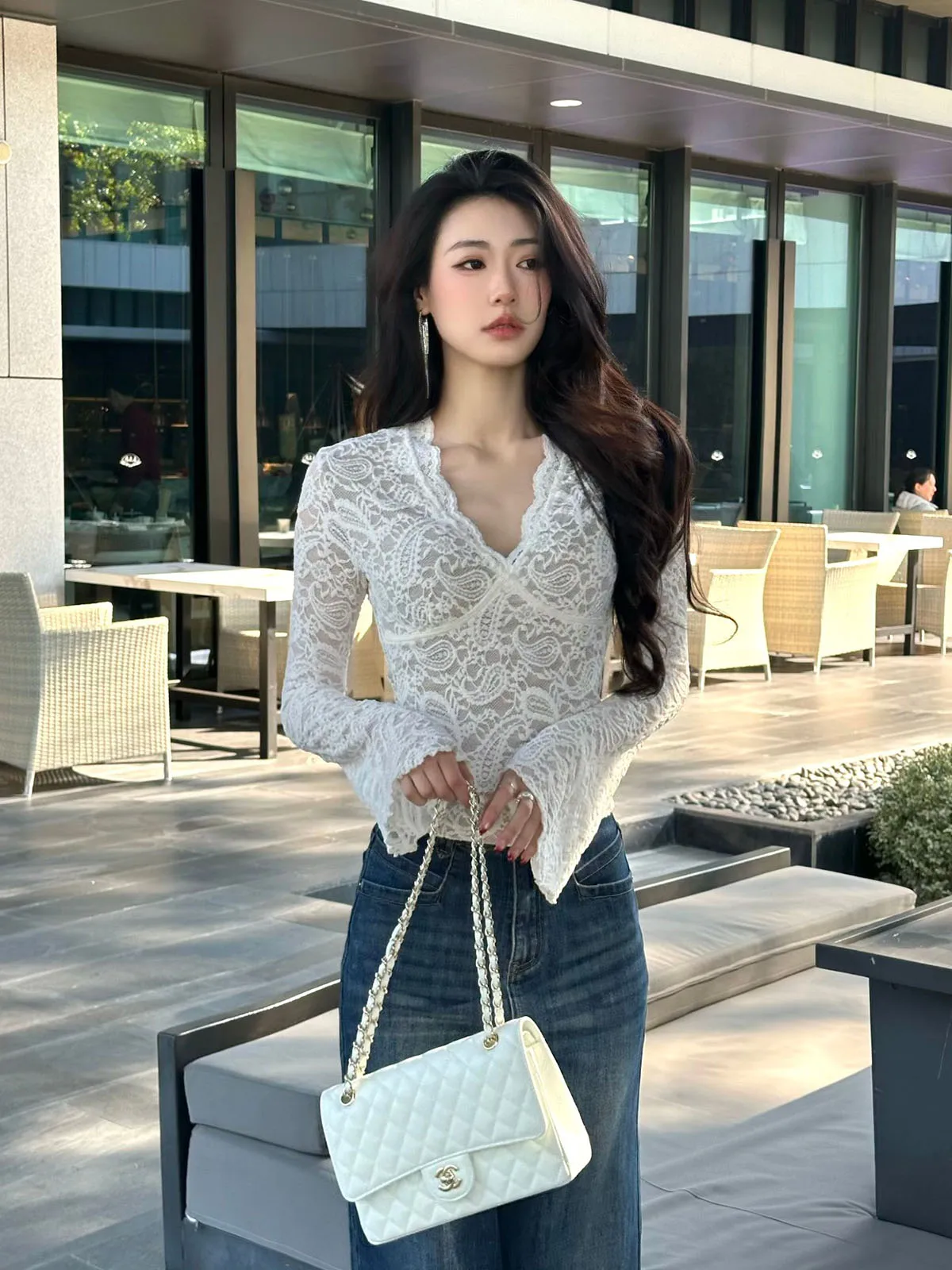 

Autumn Winter Lace Long Sve V-Ne Slim Fit Sexy Top Wide Sve Base Single Wear Casual Sle Polyester Spandex Blend
