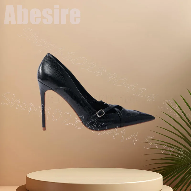 Black Crack Pattern Buckle Pointed Toe Pumps Slip On Women Shoes Thin High Heels Fashion Party Banquet 2025 Zapatos Para Mujere