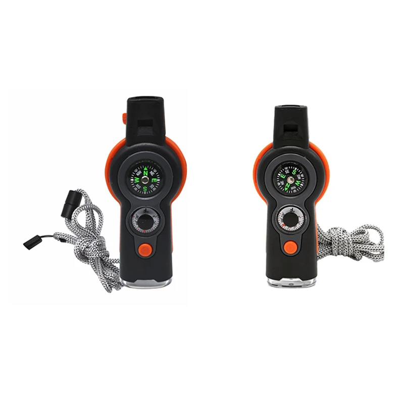 Outdoor 7-in-1 Multifunctional Whistle Survival Whistle with LED Light Thermometer Compass Reflector Magnifier Whistle