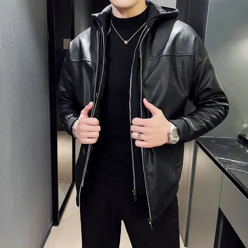 

Весенне-осенняя тонкая кожаная куртка с капюшоном из овчины, верхняя одежда из натуральной кожи, модная повседневная глянцевая городская одежда