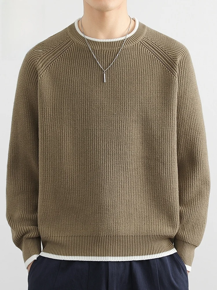 

Khaki round Ne Knitted Sweater for Men Casual Sle Base Layer irt Trendy Brand Cotton Polyester Blend Autumn Win...