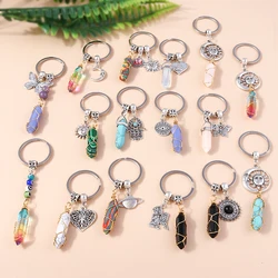Natural Hexagonal Column Stone Keychain Women Men Quartz Opal Crystal Key Chain Eye Fatima Hand Sun Moon Jewelry Party Gifts