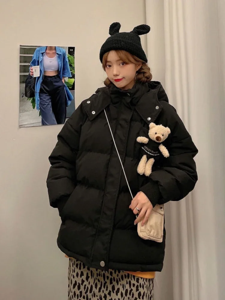Roze Cartoon Beer Applicaties Jas Parka 2024 Vrouwen Winter Kapmantel Warme Casual Parka Lange Mouw Katoenen Voering Dikke Uitloper